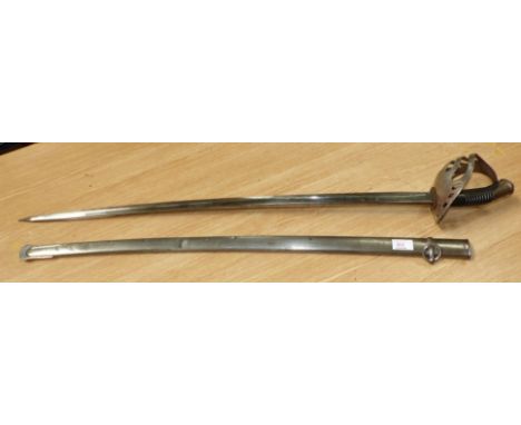 A French sabre with ebonized grip and basket guard, in steel scabbard