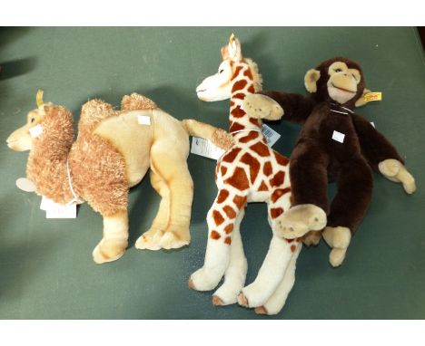 Three modern Steiff animals:  Giraffe; Camel; & Monkey