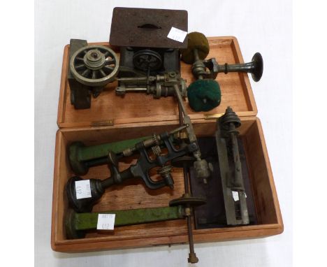 An engineer's model of a pillar drill; another similar model; and 4 accessories for a model steam engine, including a lathe