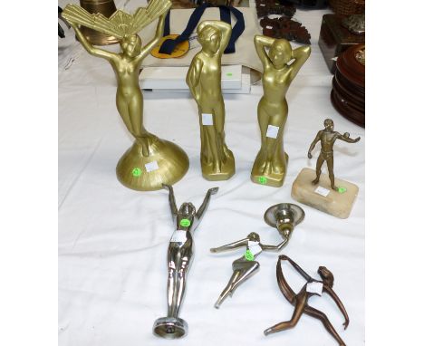 An Art Deco chromed figure of a naked woman; a similar light fitting; 5 similar figures