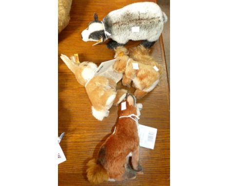 Four Steiff woodland animals:  badger; rabbit; squirrel and fox
