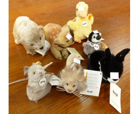 Seven modern various Steiff miniature animals including:  lion, penguin; rabbit; duckling; bear & fawn