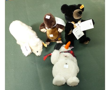 Four modern Steiff animals including black bear; polar bear; mole & snowman