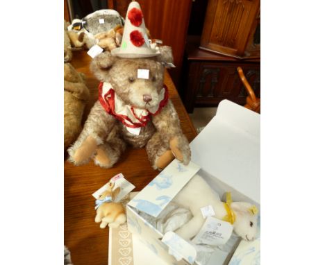 A modern Steiff replica "Teddy Clown" with original label and certificate; 2 originally boxed Steiff miniatures:  lamb and ra