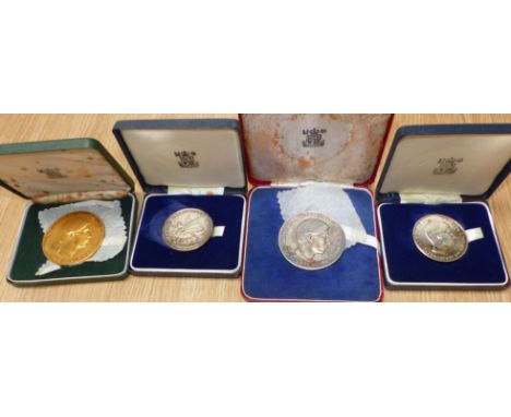 Investiture of Prince of Wales hallmarked silver medal 58mm; 2 x 44mm; and a gilt bronze similar, all individually cased