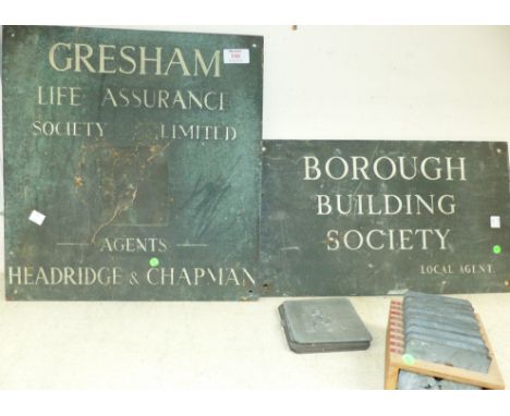 Two vintage bronze office plaques and vintage letter stencil set