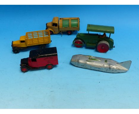 Five unboxed Dinky toy cars:  Thunderbolt; Avling-Barford steam roller in green; Liverpool van in yellow; Royal Mail van; Bed