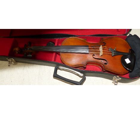 A 19th century child's Stradivarius pattern violin with purfled 2 piece back, and case