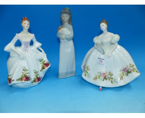 Two Royal Doulton figures:  "Country Rose" HN 3221 & "Samantha" HN 3304; a Nao figure:  girl with puppy