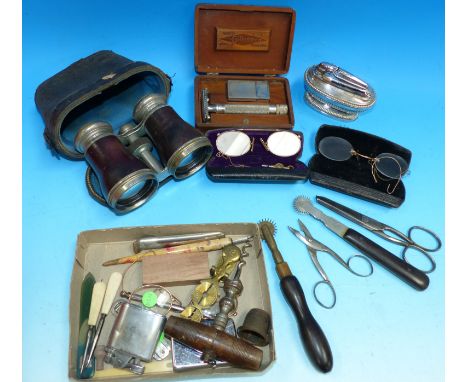 Three pairs of pince-nez; a pair of binoculars; sovereign scales and other collectables