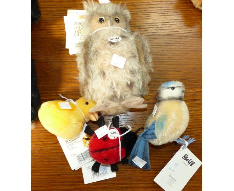 A modern Steiff owl; bird; chick and ladybird