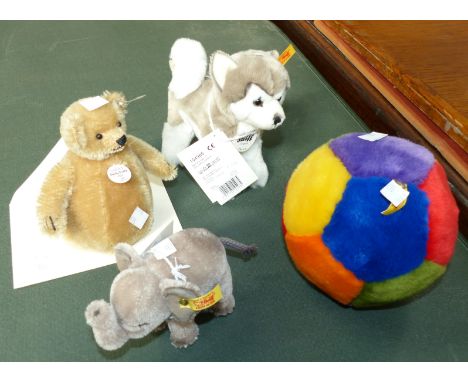 A modern Steiff "Roly Poly Bear" with certificate; a Steiff "Bernie" dog, and elephant; a Steiff ball