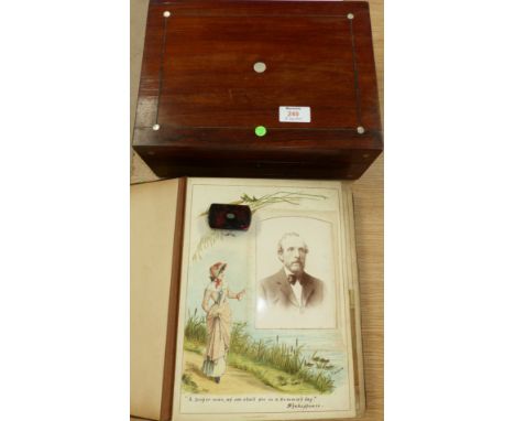 A Victorian photograph album; a rosewood box; a lacquer snuff box
