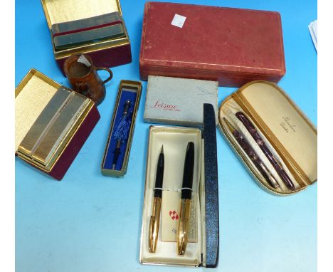 A Schaeffer pen set; a Burnham similar; various playing cards