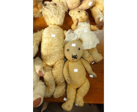 Three early 20th century Chiltern teddies:  one with amber eyes, 22"; one with clear eyes, 16"; one with amber eyes, and dres