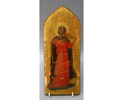 A 19th century Continental Icon of lancet arch form. depicting St Helen with lute in hand, painted in colours on a tooled gro