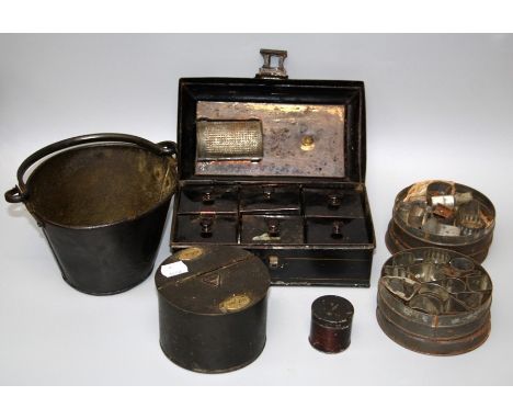 A 19th century rectangular, caddy-topped toleware spice box with fitted interior and including a small nutmeg rasp. Together 