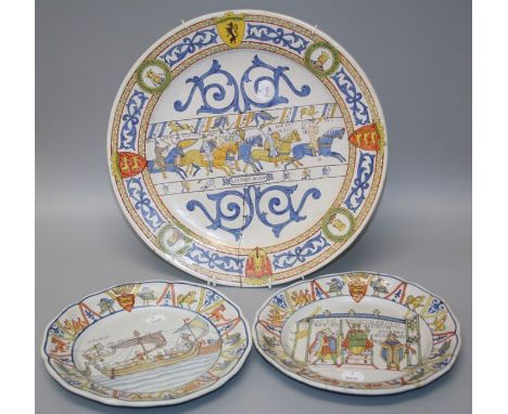 A Caen faience charger commemorating the Battle of Hastings with a scene from the Bayeux Tapestry, 37 cms diameter, (a/f), to