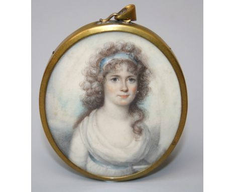 An early to mid 19th century three quarter, oval portrait miniature on ivory of a lady in the manner of Mary Cosway With a bl