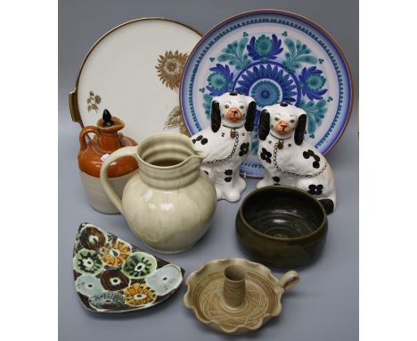 A German porcelain caberet tea tray, a studio pottery chamberstick, an Ann Gibbard pottery bowl, a Monks Whisky flask and oth