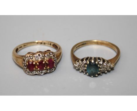 A 9ct ruby and diamond ring and a ring set blur stone and diamonds (2)