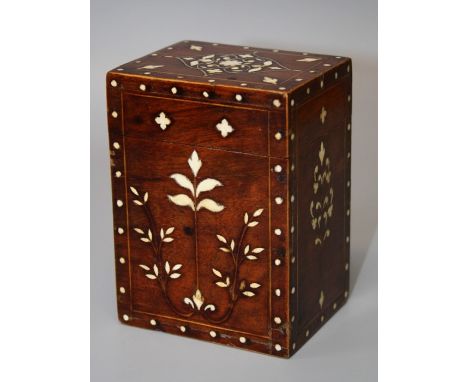 An Indian rosewood, bone inlaid and boxwood strung playing card box of rectangular form with twin division interior.
