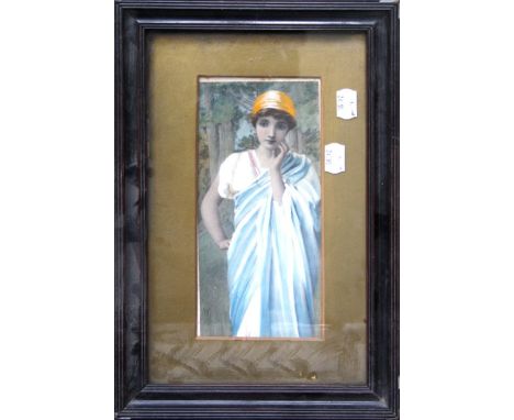 H Ryland (1856 - 1924) A study of a classical Greek maiden in a yellow hat a print 22 x 10cm
