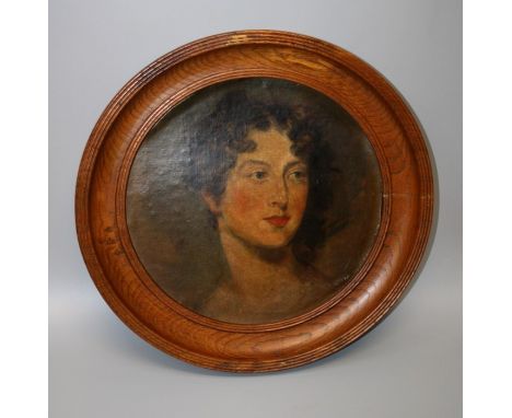 Probably 18th century English school,bust length portrait of a young woman.Oil on canvas, laid to board. 33 cms diameter.