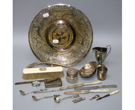 A silver overlaid amber glass dish with pierced stag border and central Maltese Cross, together with a silver mounted glass d