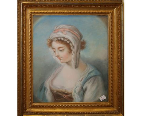 Late Victorian English School, A quarter length portrait of a young woman wearing a ribbon tied bonnet, brown boddice and a b