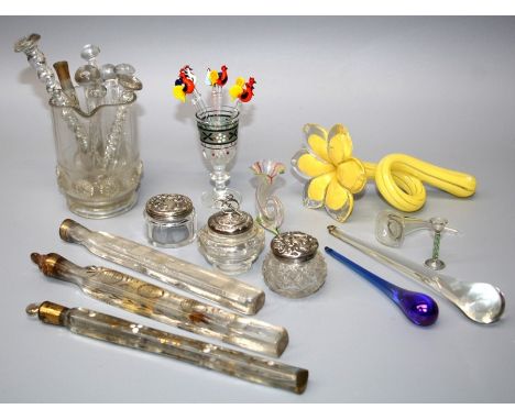 A Victorian "Oxford" type glass lachymatory flask/bottle and stopper, with cut and gilt detail with other  other tear flasks.