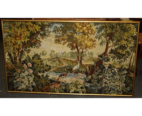 A large early/mid 20th century needlework copy of Verdure tapestry. Together with other needleworks and a steel plate engravi