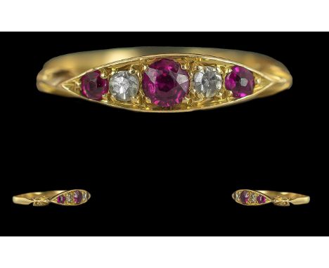 Ladies Pleasing 18ct Gold Ruby and Diamond Set 5 Stone Ring - Not Marked but Tests High Ct Gold. Rubies of Stunning Colour. R