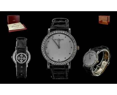 Patek Philippe Geneve ' Calatrava ' 18ct White Gold and Diamond Set Mechanical Wrist Watch, With Original Patek Philippe Blac