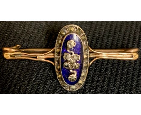 A marcasite and enamel bar brooch, probably set in 9ct rose gold, unmarked, 3.9g 