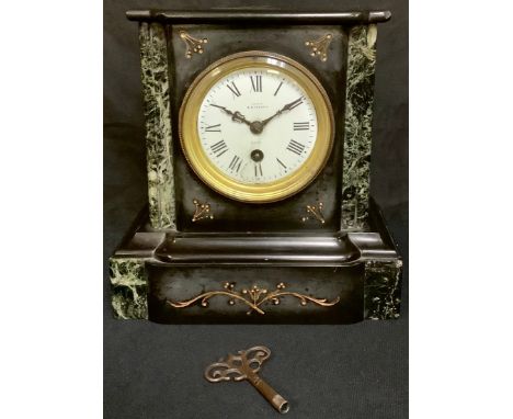 A late 19th century French slate and marble mantel clock, E Rickard, white enamel dial with Roman numerals, single winding ho