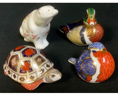 A Royal Crown Derby paperweight, Derby Posies Polar Bear, silver stopper, second, printed mark; others, Robin, silver stopper