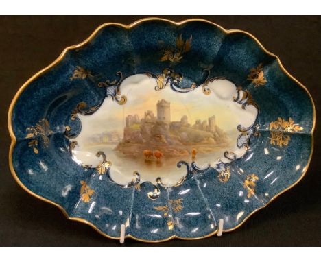 A Royal Worcester lozenge shaped dish, painted by James Stinton, signed, Pembroke Castle, 26cm wide, printed mark in puce (fa