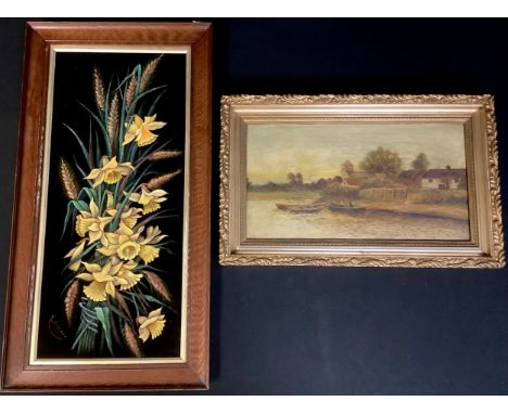 Pictures and Prints - F. Hammond, Riverside Village, signed, dated 1919, oil on canvas, 24.5cm x 44.5cm; another, R. Johnson,