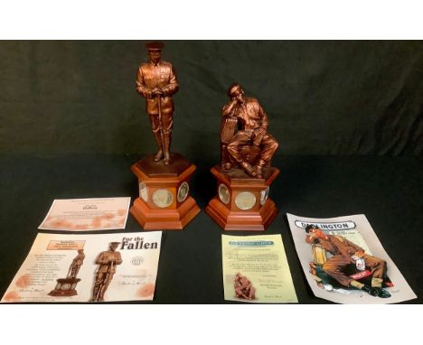 A Danbury Mint World War One Centenary bronzed resin model of a WWI soldier, For The Fallen, standing on wooden plinth set wi