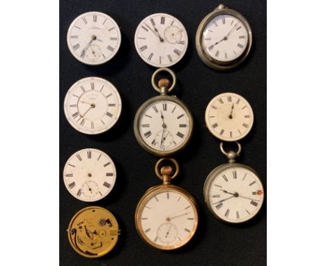 A gold plated open face pocket watch, white enamel dial, Roman numerals, Star case; a base metal open face pocket watch, othe