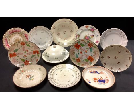 A Derby chantilly sprig bowl, red mark, c.1810;  similar plates;  an English porcelain breakfast dish and cover;  a mid 19th 