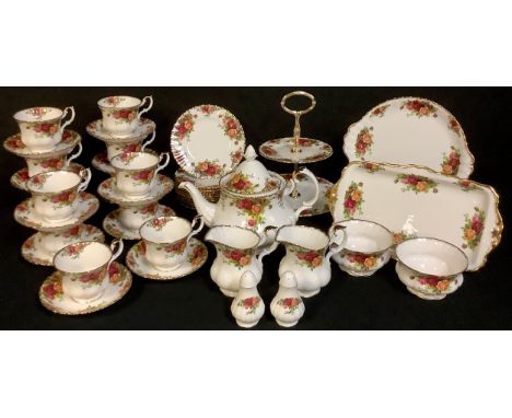 A Royal Albert Old Country Roses pattern tea set, cups and saucers, tea plates, cake stand, etc; qty 