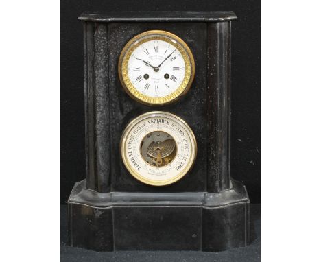 A 19th century French black marble combination mantel clock and barometer, 10cm enamel dial inscribed Comptoir General, Maiso