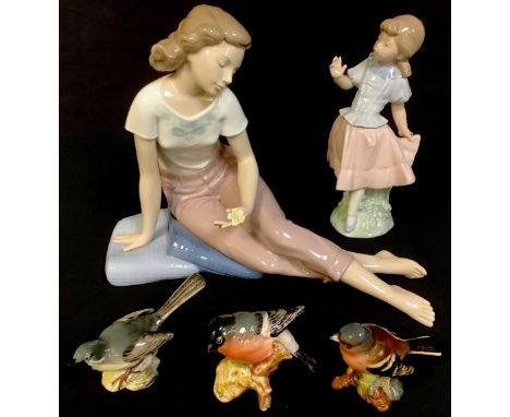 A Nao by Lladro figure, Morning Breeze; another, Young Girl; A Beswick model of a Chaffinch; others, Bullfinch, Grey Wagtail 