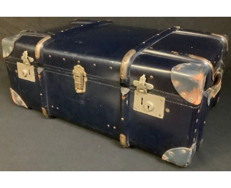 An early 20th century wooden mounted "Vulcanized Fibre" blue travel trunk, fitted interior, original paper label, 76cm wide 