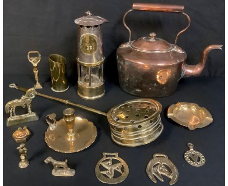 Metalware - an Eccles miner's safety lamp, Type SL; a Victorian copper kettle; a brass chestnut roaster; a 'trench art' cigar