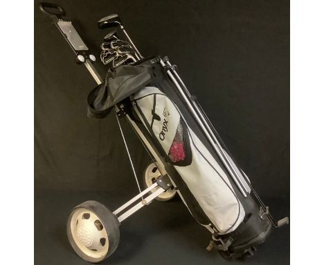 Sport - golf, an Onyx caddy with approximately eight clubs, some golf balls, tees, gloves; qty 