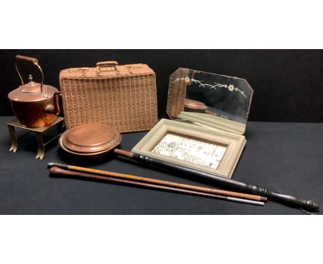 A Victorian copper kettle, acorn finial, a brass trivet; a copper warming pan; a picnic hamper; a walking cane; a bamboo walk