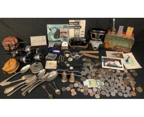 Boxes and Objects - Angling, fishing reels, various, 20th century; base metal coins, 19th century and later; advertising tin;